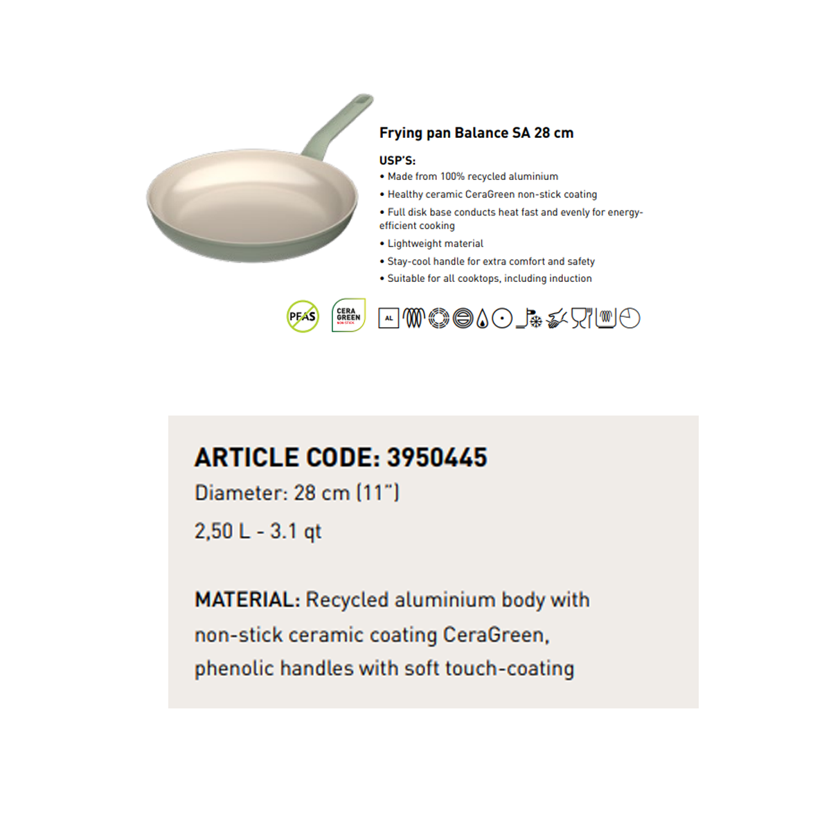 BergHOFF Balance Non-stick Ceramic Frying Pan, Aluminum, Sage