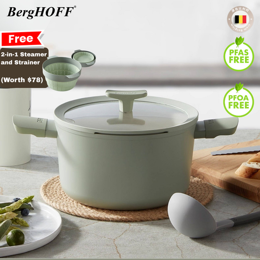 [GWP] BergHOFF Non-stick Ceramic Stockpot With Glass Lid - Free 2-in-1 Steamer and Strainer