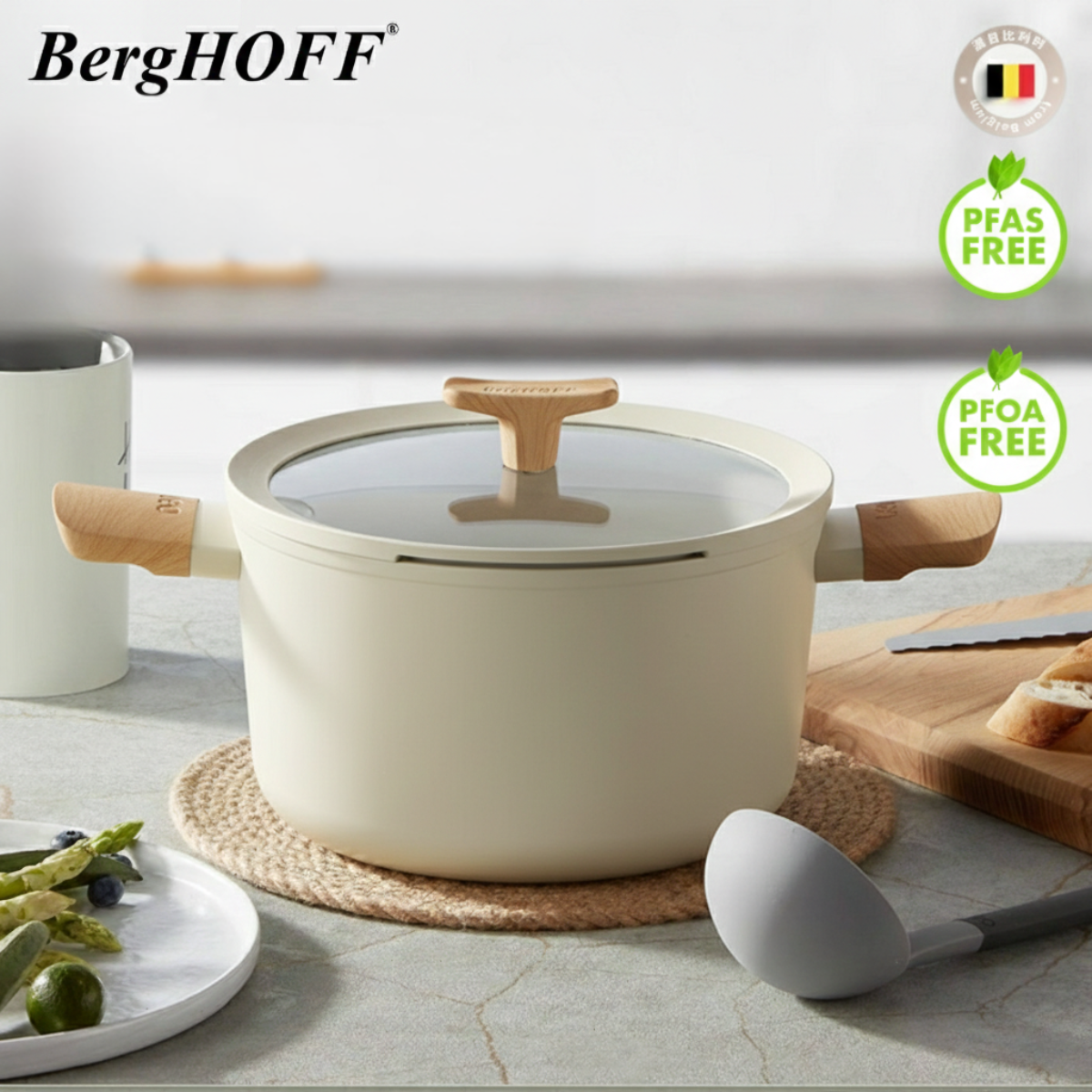 BergHOFF Non-stick Ceramic Stockpot With Glass Lid-Ivory