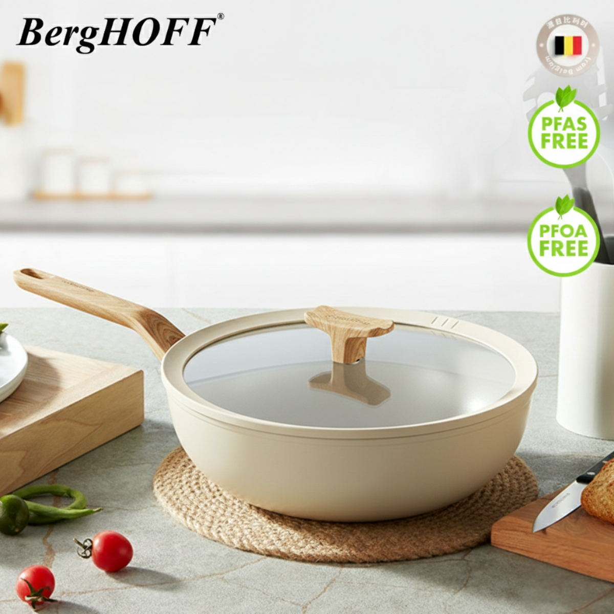 BergHOFF Non-stick Ceramic Wok Pan With Glass Lid 28cm - Ivory