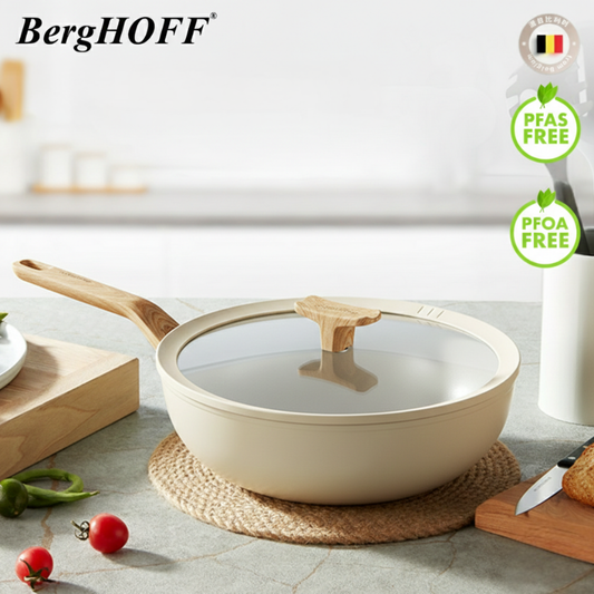 BergHOFF Non-stick Ceramic Wok Pan With Glass Lid 28cm - Ivory